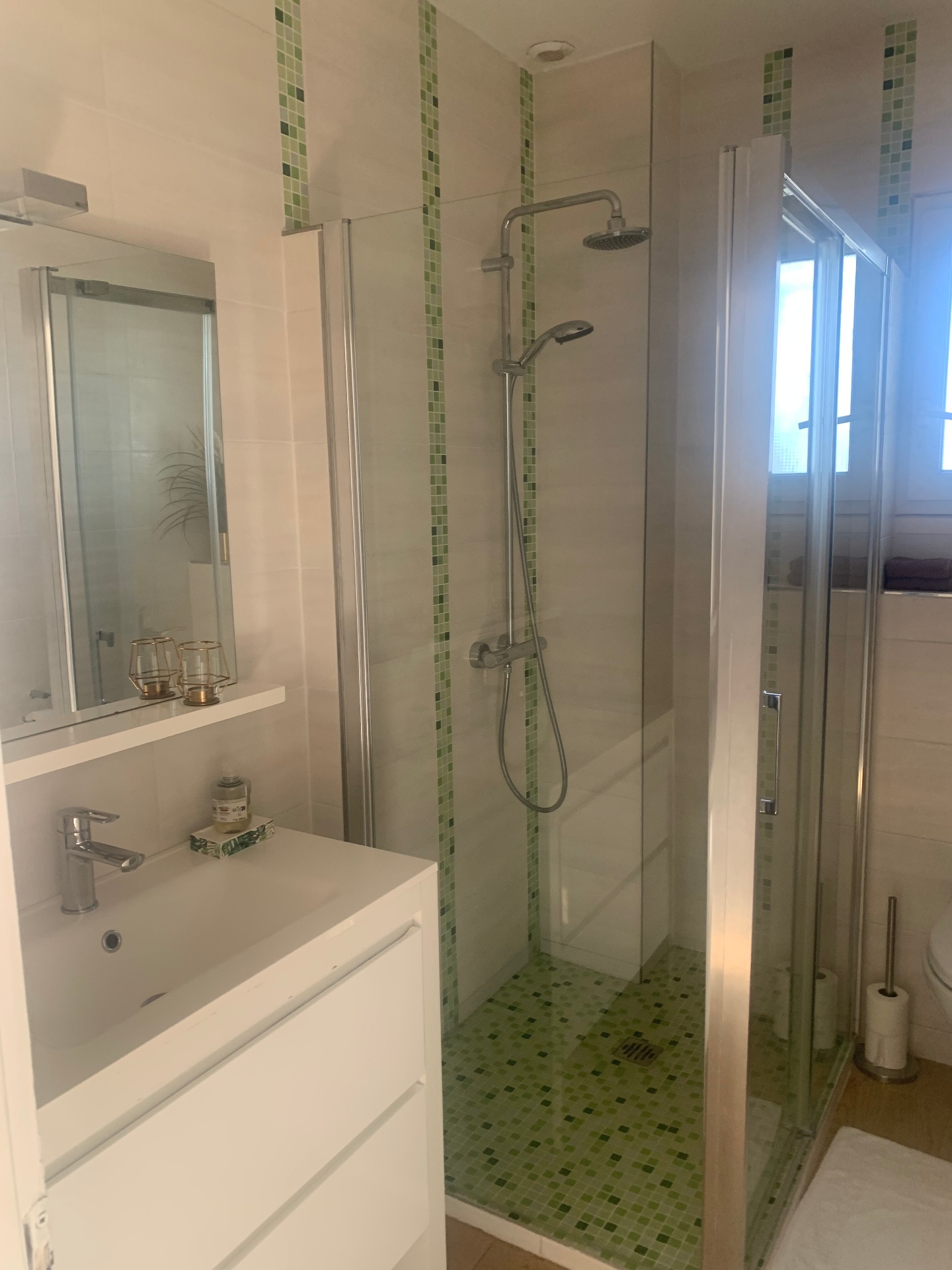 Salle de bain du studio F1 avec douche à l'italienne et mosaïque verte